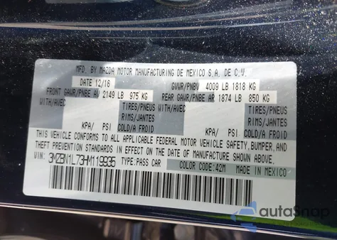 2017 Mazda Mazda3 Touring from USA, damaged, VIN 3MZBN1L73HM119935